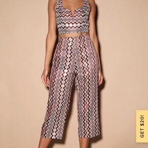 Lulu’s Burgundy, Cream, Golden Geometric Patterned Women's Pants